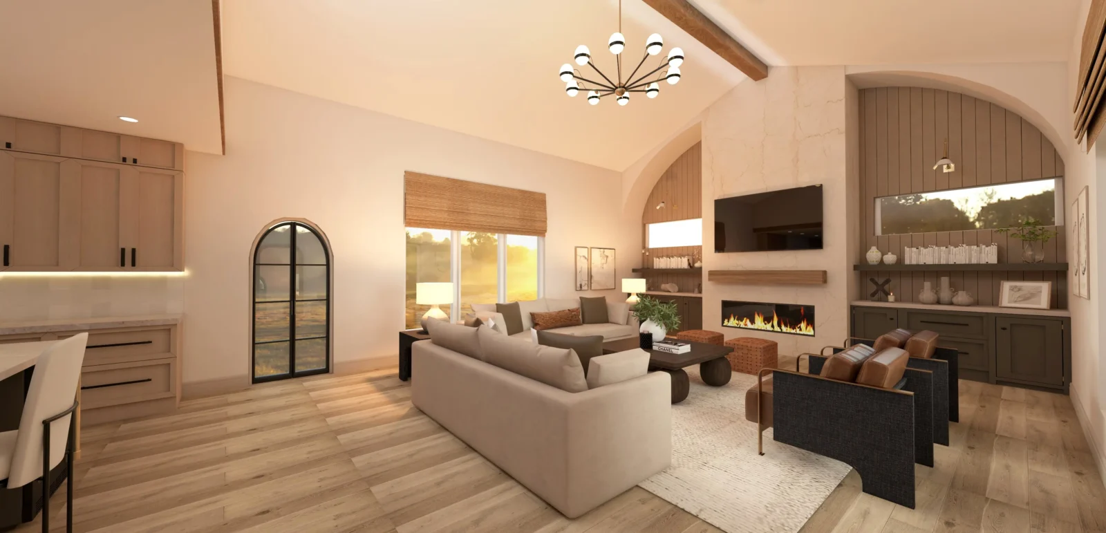 A 3D rendering of a warm, modern living room with vaulted ceilings, light wood floors and mid-century modern furniture.