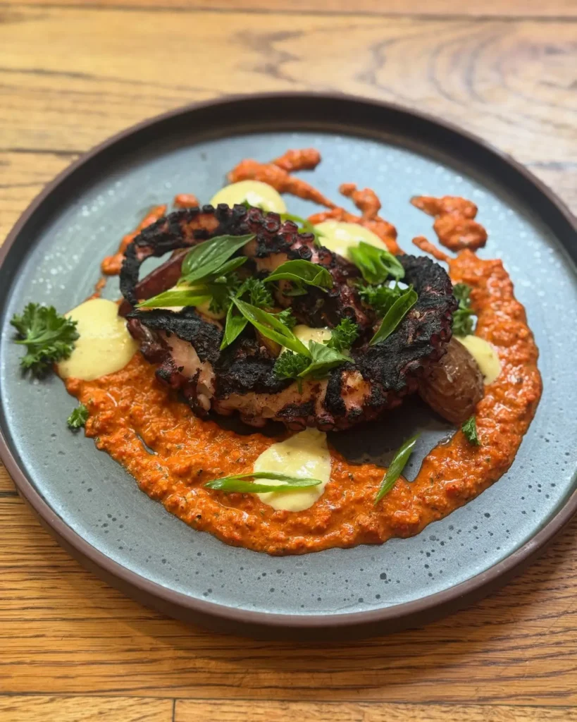 Charred octopus tentacle served on a red pepper and almond romesco sauce, with dollops of aioli and fresh herbs on a blue-gray plate.