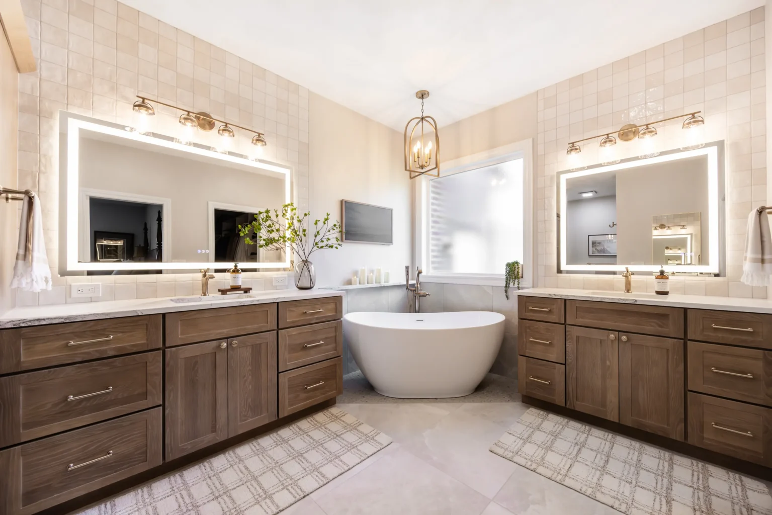 A full view of the remodeled bathroom showing a freestanding tub centered between two matching wood vanities.